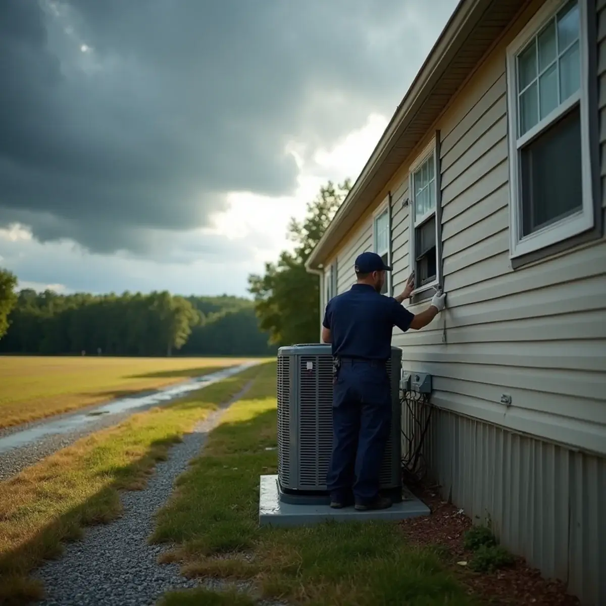 Technician servicing a package HVAC unit beside a manufactured home on a rural lot in Wentworth, NC