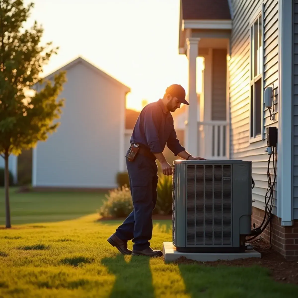 HVAC technician checking refrigerant pressures on a heat pump at a newer two-story home in Whitsett, NC
